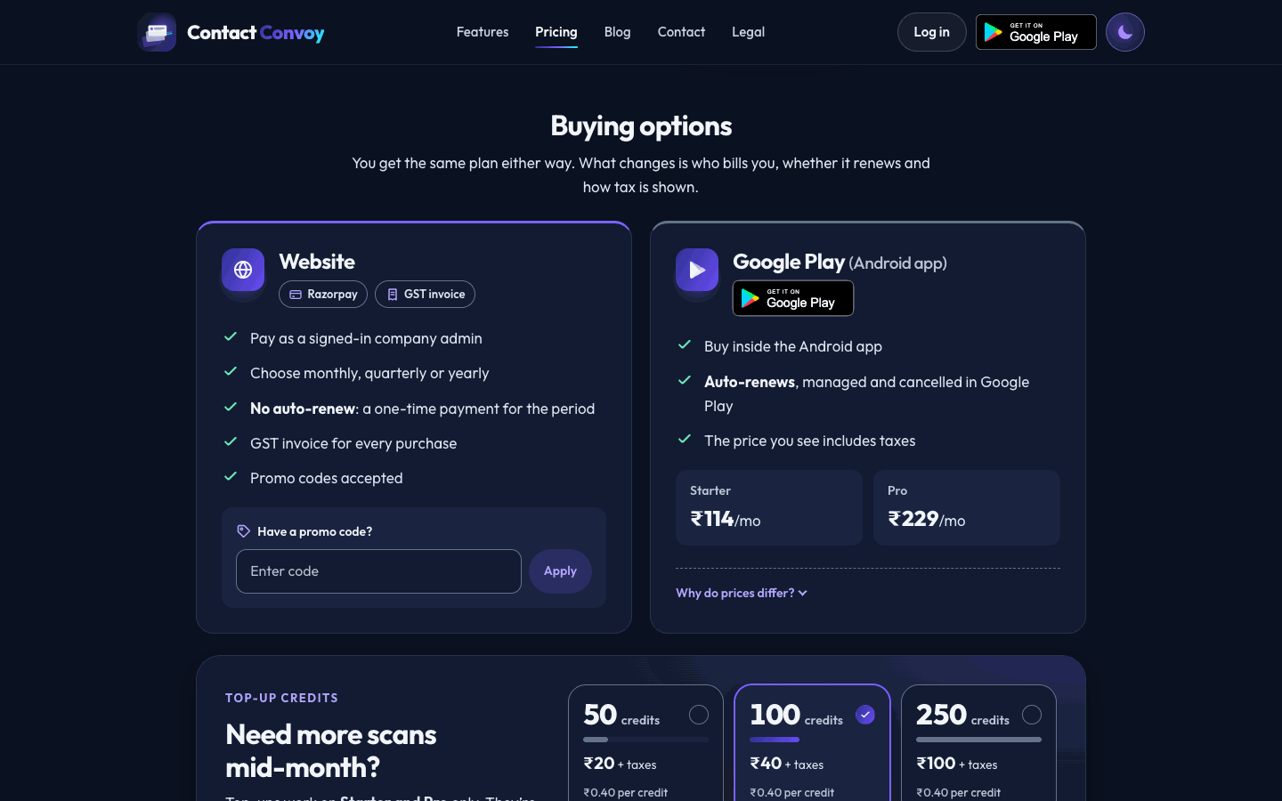 Buying options: Buy on the website through Razorpay, or in Google Play with auto-renew.