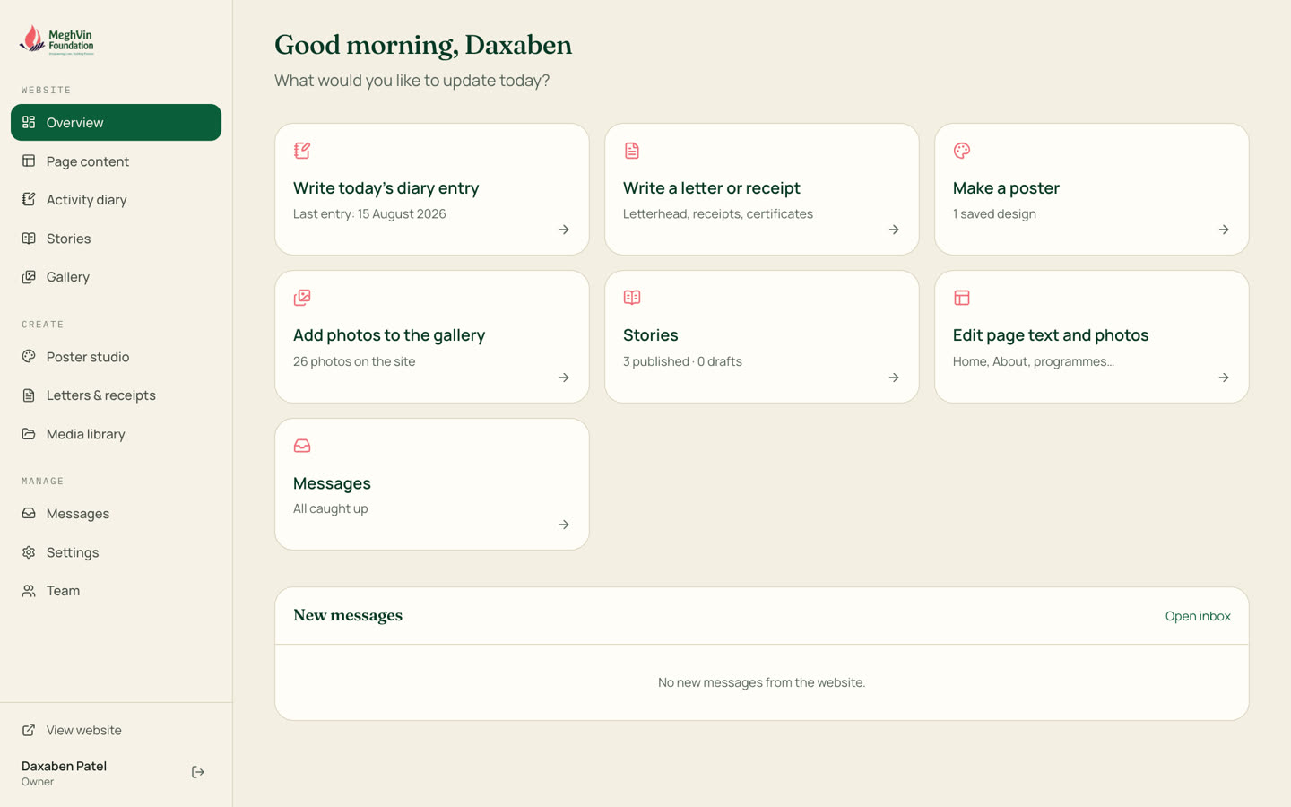 Admin overview: One place for the trustees: "What would you like to update today?"