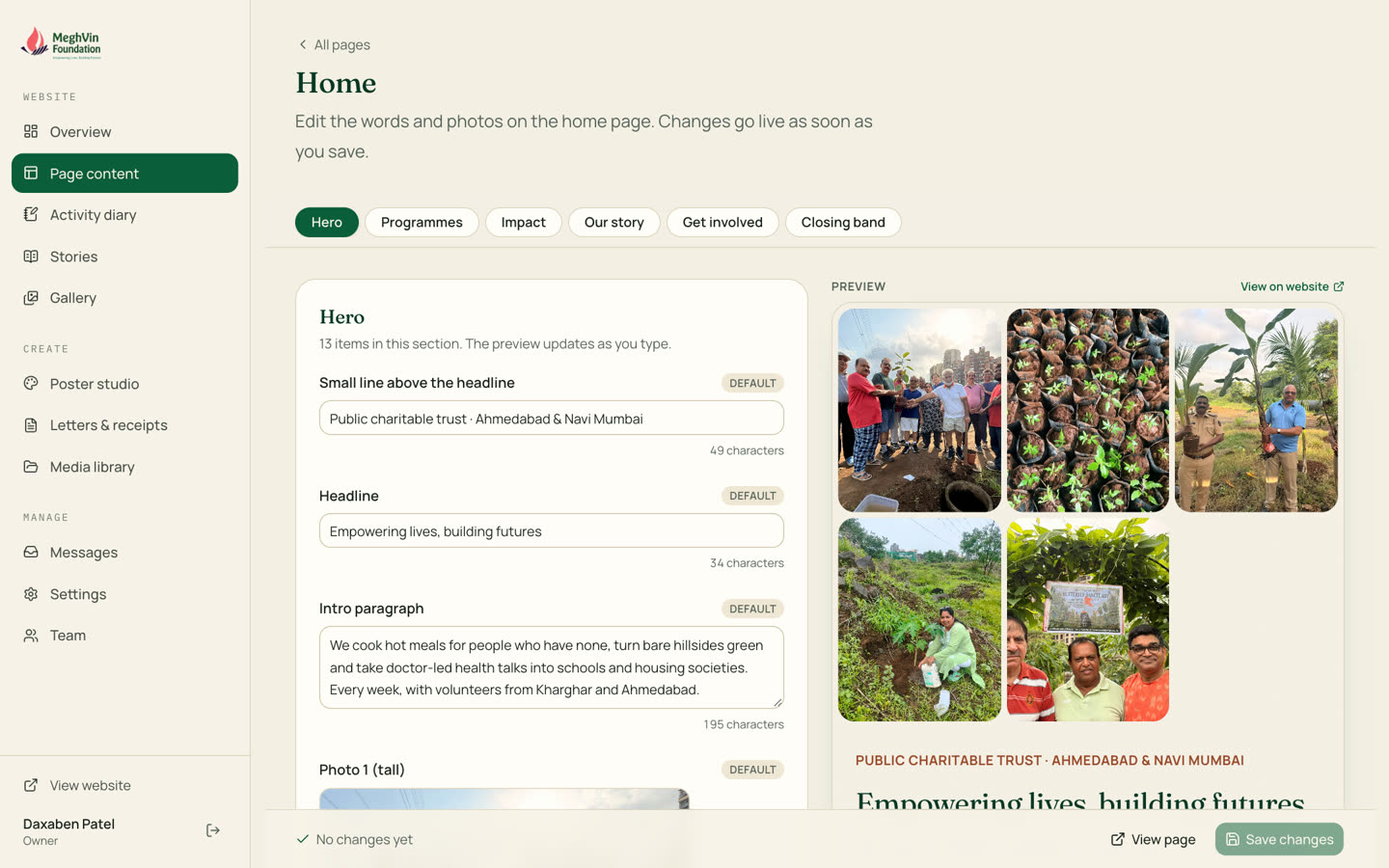Page content: Every word and photo on every page, with a live preview.