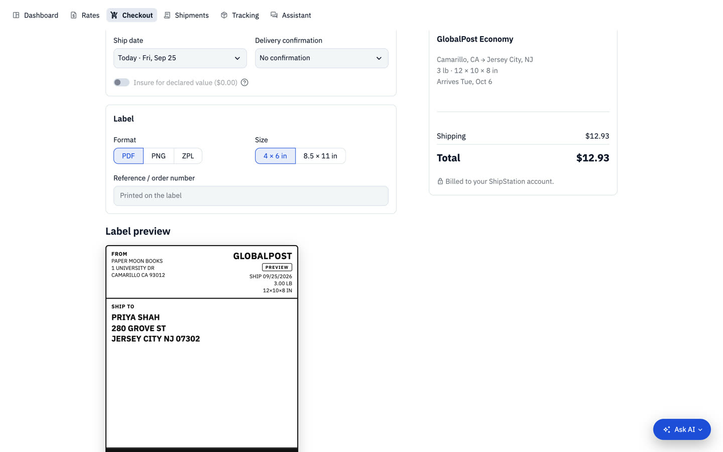 Checkout: label and options: Ship date, delivery confirmation, insurance and label format (PDF, PNG or ZPL), with a live preview of the label.