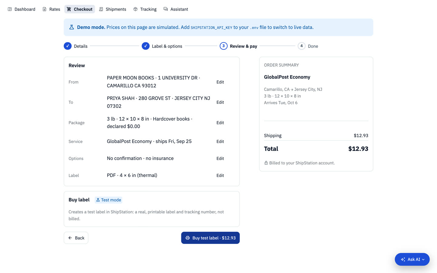 Checkout: review and pay: Every detail on one screen with Edit links, then a test label in sandbox mode or payment in ShipStation.