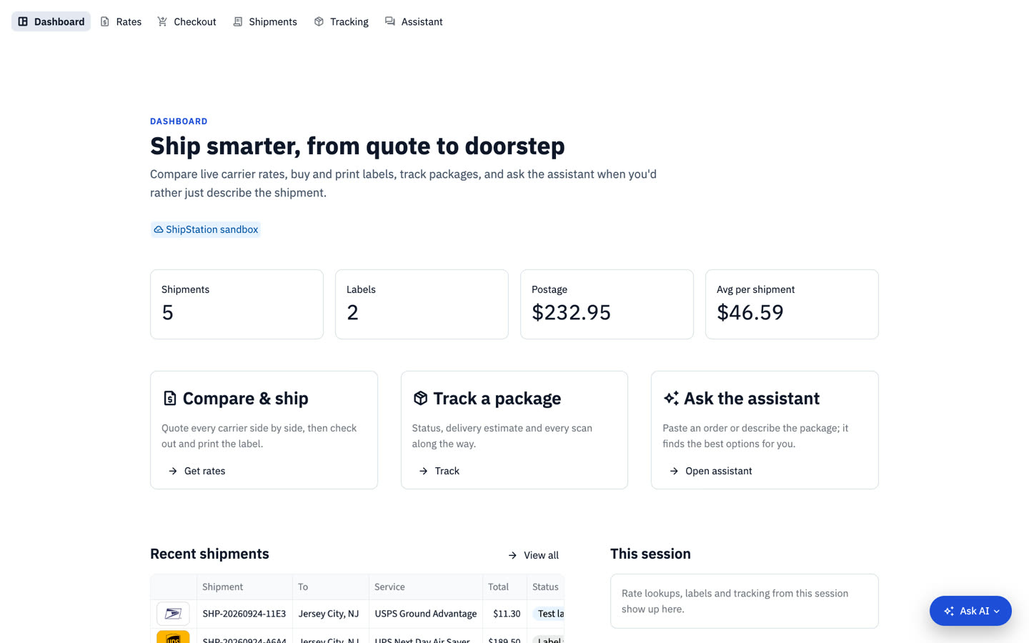 Dashboard: Shipments, labels and postage at a glance, with shortcuts to compare and ship, track a package or ask the assistant.
